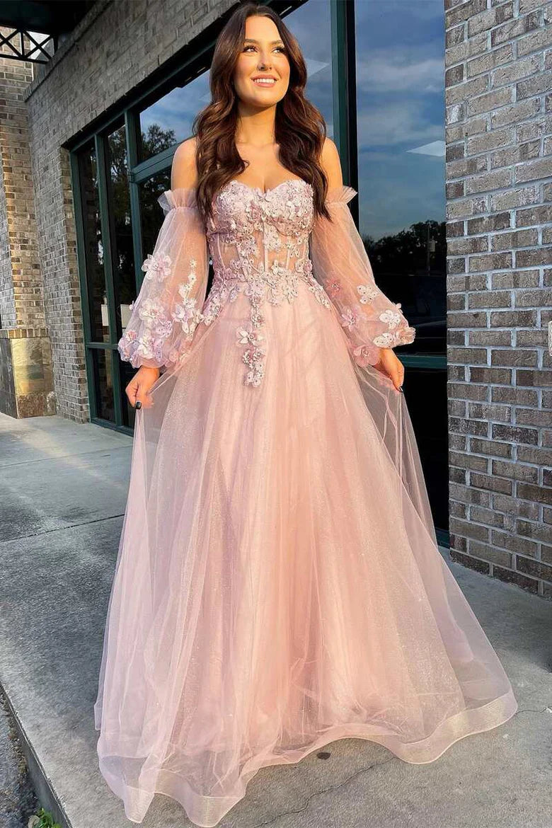 Vestido de fiesta de tul sin tirantes y corte en A con mangas globo